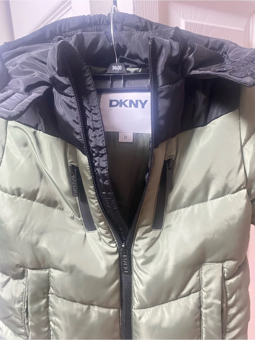 DKNY Boys Olive Green Puffer Jacket with Black Hood
